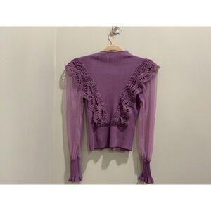 Purple Mock Neck Ribbed Sheer Sleeve Lace Trim Sweater Top Women's